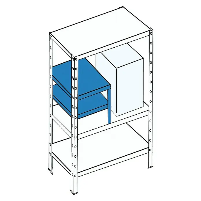 Regalux Winkelprofil - L x B x H: 4 x 4 x 250 cm, Verzinkt - Das Bild zeigt ein weißes Regal mit einer blauen Ablage und einem weißen Karton.