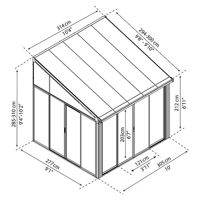 Palram – Canopia Wintergarten San Remo - B x T x H: 3,05 x 3 x 3,1 m, Anthrazitgrau - Bemaßte Zeichnung eines Wintergartens mit Schrägdach.