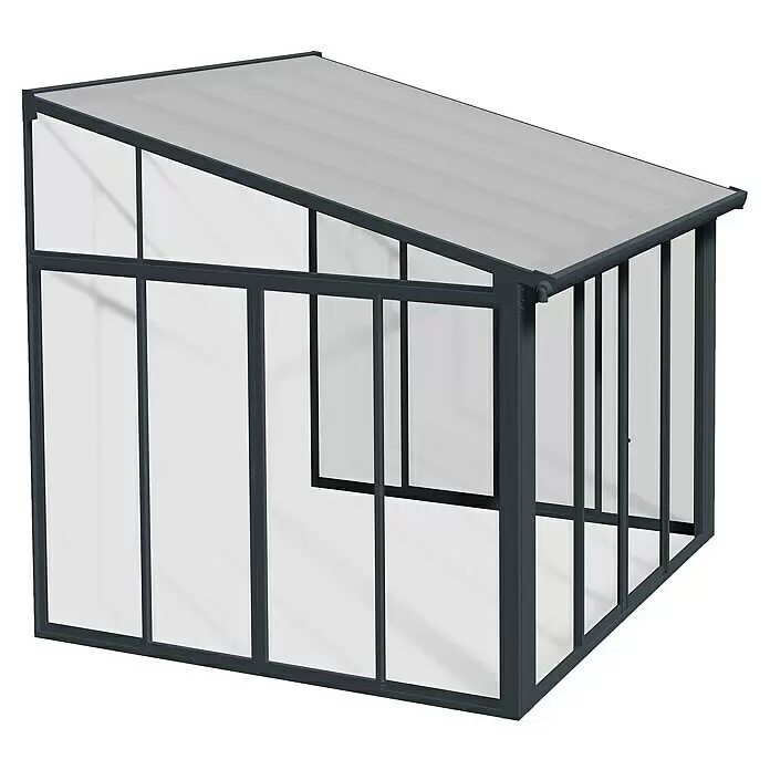 Palram – Canopia Wintergarten San Remo - B x T x H: 3,05 x 3 x 3,1 m, Anthrazitgrau - Dunkelgraues Anlehn-Gewächshaus mit lichtdurchlässigem Dach und klaren Wänden.
