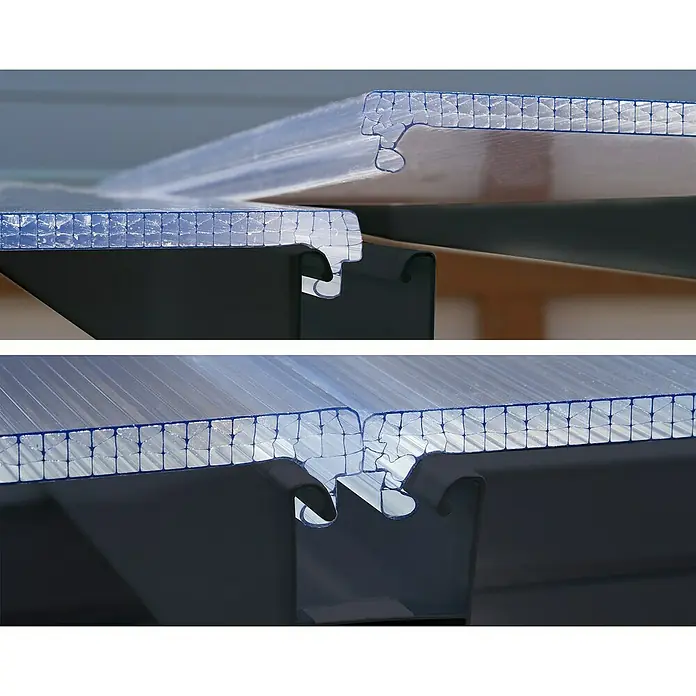 Palram – Canopia Wintergarten San Remo - B x T x H: 4,25 x 3 x 3,1 m, Anthrazitgrau - Detailaufnahme von Polycarbonatplatten mit Nut- und Federverbindung für eine robuste und wetterfeste Konstruktion.