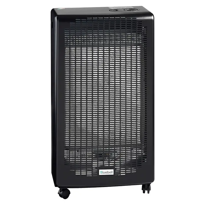 Estufa de gas llama azul Berna - 4,2 kW, Negro - Esta imagen muestra un calentador portátil Bluebell en negro con ruedas y un diseño de rejilla.