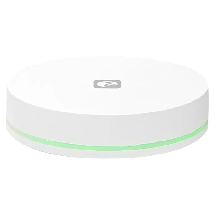 Garza Controlador inteligente Bridge LAN Wifi Zigbee 3.0 - Gateway LAN Smart Zigbee 3.0 Garza. - Un router Wi-Fi blanco y redondo con un logo discreto en el centro y una franja de luz verde en la parte inferior.
