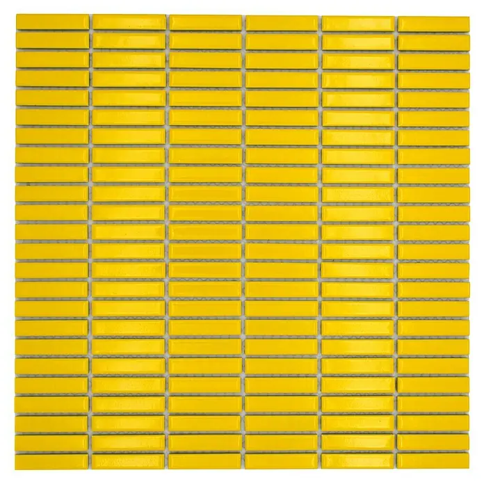 Mosaikfliese Kitkat Uni CG BBM S6 - 30 x 30 cm, Gelb, Glänzend - Quadratisches Muster aus gelben Mosaikfliesen, ideal für Wand- und Bodenbeläge, mit feinen grauen Fugen für einen modernen Look.