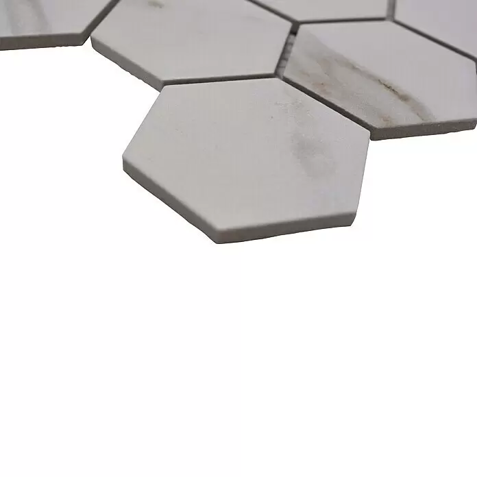 Mosaikfliese Hexagon CIM HX5 CT - 28,1 x 32,5 cm, Weiß, Matt - Hellfarbene sechseckige Fliesen mit dezentem Marmor-Muster.