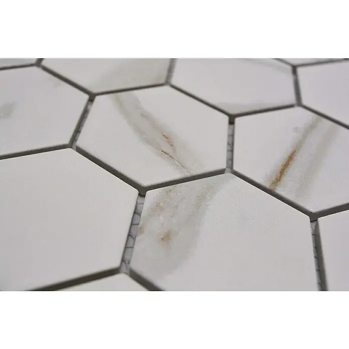 Mosaikfliese Hexagon CIM HX5 CT - 28,1 x 32,5 cm, Weiß, Matt - Hexagonale Marmorfliesen mit subtilen Maserungen, ideal für stilvolle Wand- und Bodengestaltung im Innenbereich.