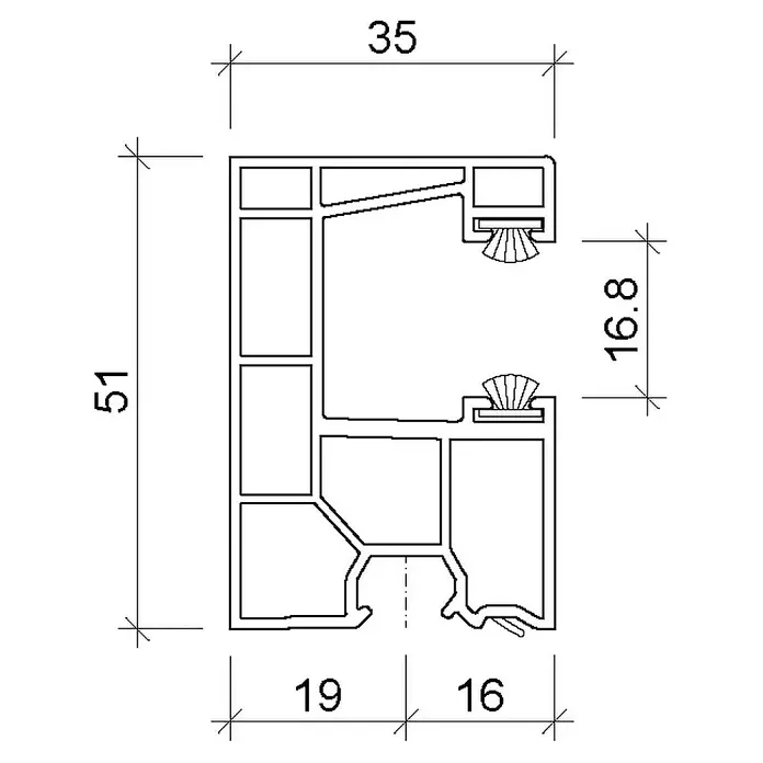 Solid Elements Rollladenführungsschiene - 2.100 x 35 x 51 mm - Querschnitt eines Fensterrahmens mit Bemaßungen. Die wichtigsten Maße sind 51, 35, 16,8 und 19 mm.