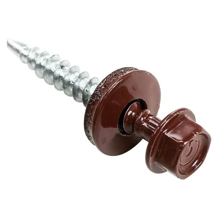 Metdach Schrauben - Rot, Ø x L: 4,8 x 35 mm, 250 Stk. - Nahaufnahme einer braunen Sechskantschraube mit Gewinde und Unterlegscheibe, die für sichere Befestigungen sorgt.