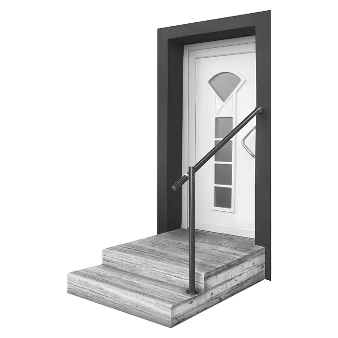 Treba Frewa Geländer-Set GA5 - Oberbodenmontage, Aluminium, Anthrazit, Länge: 111,5 cm - Eine Treppe mit einem Edelstahlhandlauf, der für zusätzlichen Halt und Sicherheit beim Betreten des Hauses sorgt.