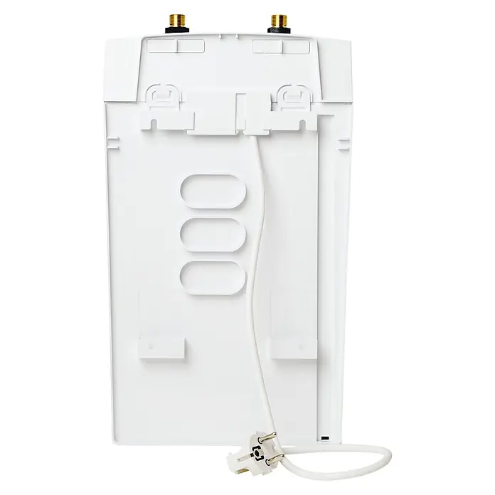 Bosch Warmwasserspeicher Tronic Store Compact - 5 l, 1.800 W, Temperaturbereich: 35 °C - 85 °C, Untertischmontage - Rückansicht eines weißen elektronischen Geräts mit Löchern und einem Stecker für die Stromversorgung.