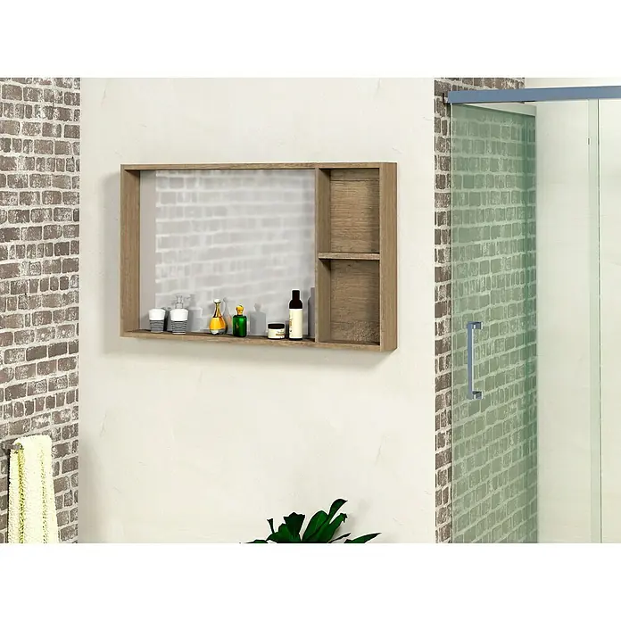 Artysan Armario con espejo Mel - An x Al: 80 x 56 cm, Plástico, Nebraska - Una moderna combinación de estantes de madera con compartimentos y espacio de almacenamiento, ideal para objetos de baño, montada en pared.