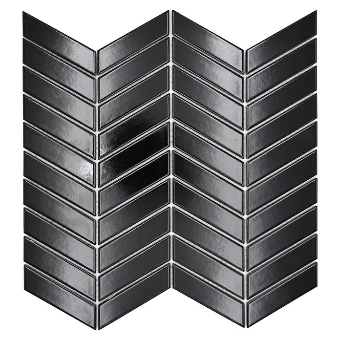 Mosaikfliese Chevron Uni CHEV 39 - 30,3 x 28,9 cm, Schwarz, Glänzend - Schwarzes Fischgrätenmuster aus glänzenden Mosaikfliesen.