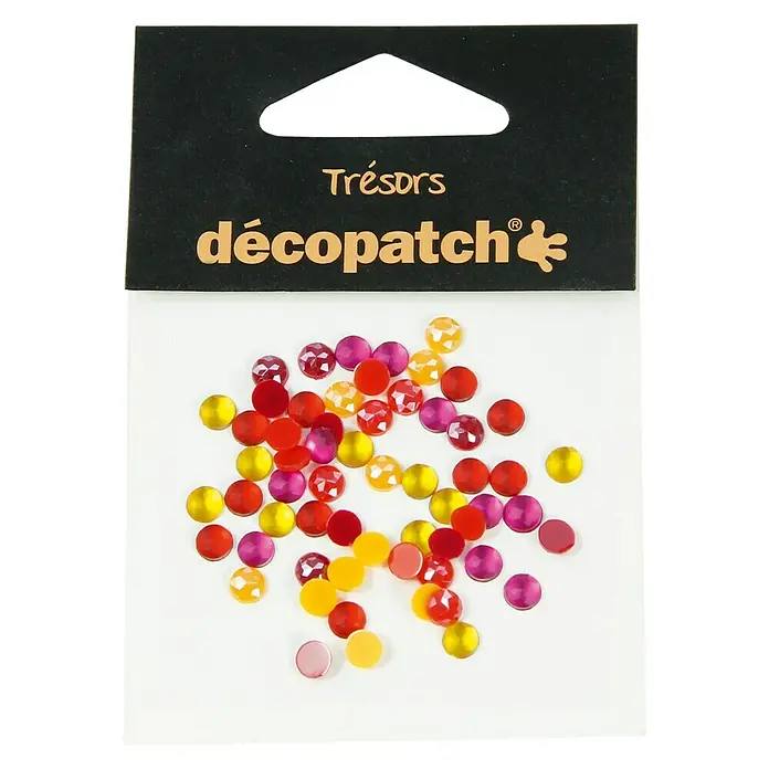 Décopatch Elemento decorativo Trésors Piedras - Amarillo/Naranja, Plástico, 60 pzs. - Un paquete de piedras brillantes Decopatch en varios colores, ideal para manualidades y decoración.