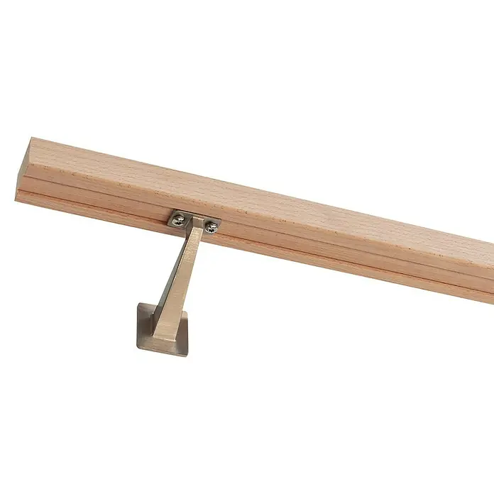 Treba Frewa Handlauf-Set HC2 - Buche, Unbehandelt, Länge: 1.200 mm - Abbildung einer hölzernen Handlaufstange mit Halterung. Die Halterung besteht aus Metall und ist an der Stange befestigt.
