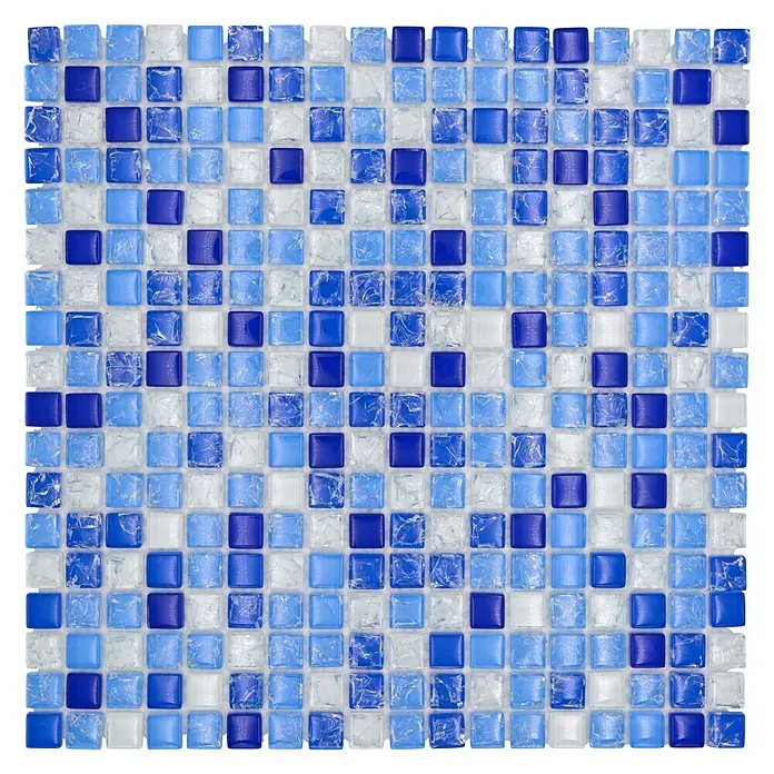 Mosaikfliese Quadrat Crystal Mix XIC 1077 - 30 x 30 cm, Weiß/Blau, Glänzend - Nahaufnahme eines Mosaiks aus blauen und weißen Glasfliesen, ideal für Badezimmer oder Küchen.