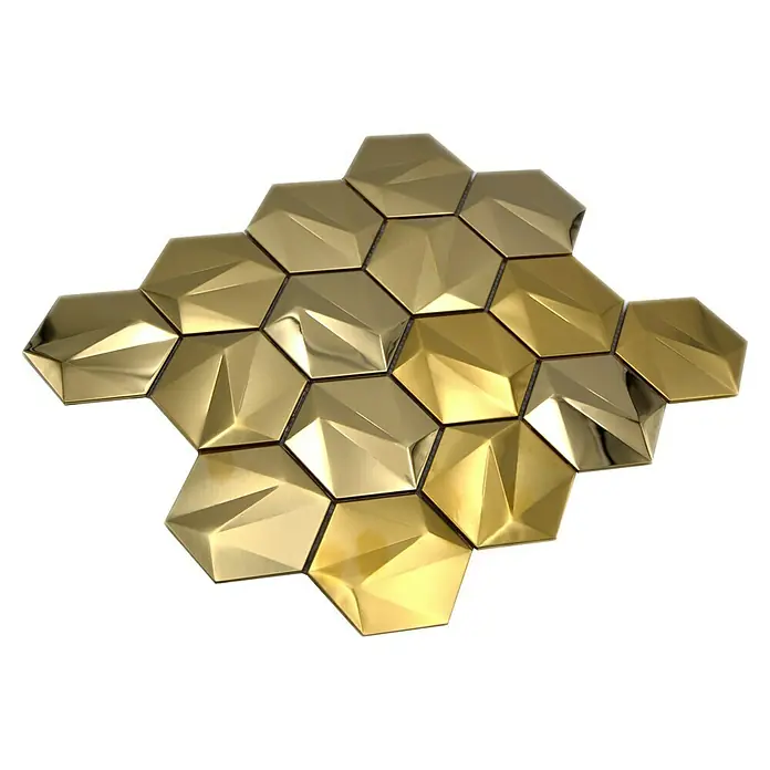 Mosaikfliese Hexagon HXM 30GO - 26,2 x 23 cm, Gold, Glänzend - Nahaufnahme von goldenen, sechseckigen Wandfliesen mit geometrischem Muster. Perfekt für moderne Innenräume und auffällige Akzente.