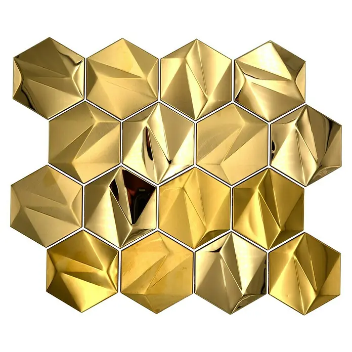 Mosaikfliese Hexagon HXM 30GO - 26,2 x 23 cm, Gold, Glänzend - Goldene, facettenreiche Mosaikfliesen in Hexagonform. Diese dekorativen Wandfliesen verleihen jedem Raum einen Hauch von Luxus und Raffinesse.