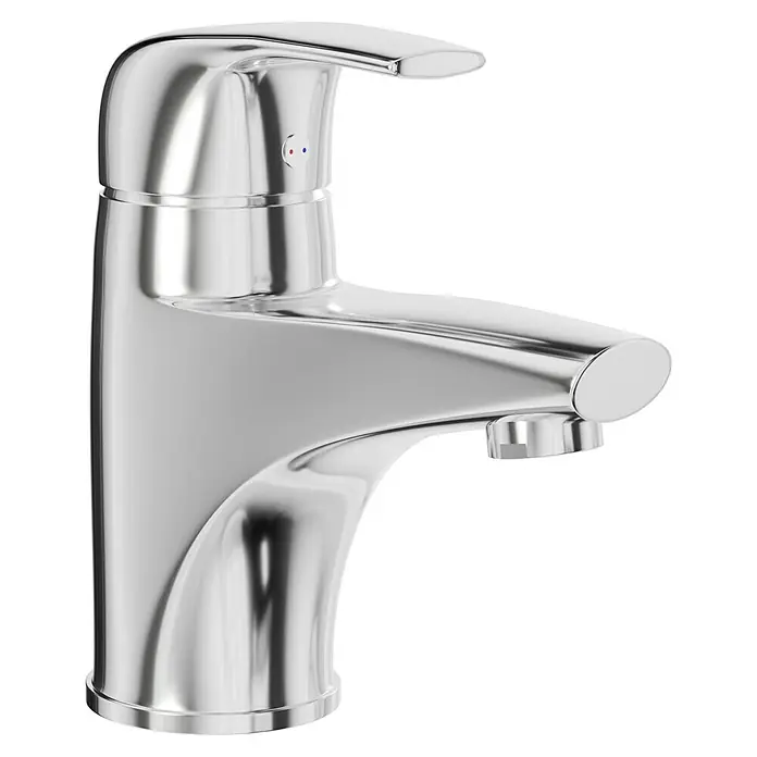 Camargue Waschtischarmatur Merano - Chrom, Glänzend - Nahaufnahme einer glänzenden Chrom-Waschtischarmatur mit modernem Design und roten sowie blauen Farbpunkten.