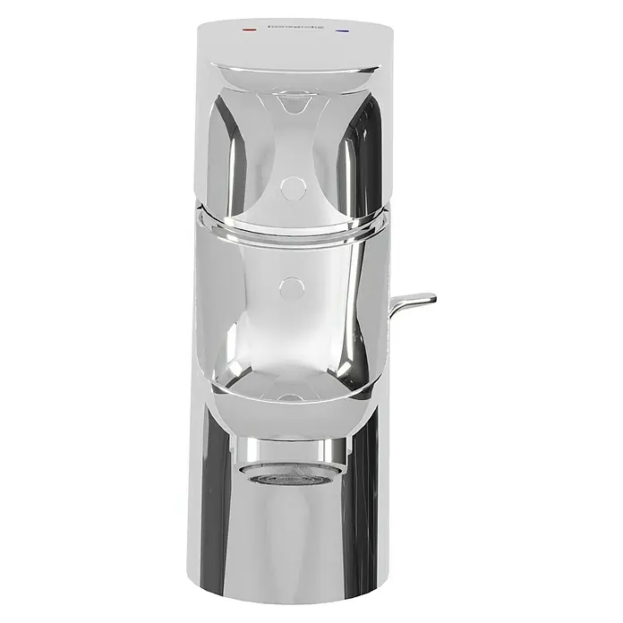 Hansgrohe Waschtischarmatur Focus 70 - Chrom, Glänzend - Nahaufnahme einer glänzenden, silberfarbenen Armatur mit einem schlanken Design, das moderne Badezimmerästhetik betont.