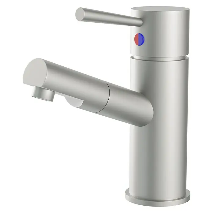 Camargue Merida Waschtischarmatur - Höhe: 18,5 cm, Edelstahloptik, Matt - Nahaufnahme einer modernen, silberfarbenen Waschtischarmatur mit Hebel und Temperaturanzeige, ideal für jedes Badezimmer.