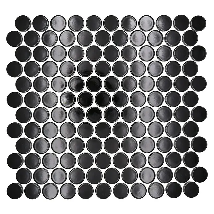 Mosaikfliese Knopf Uni 90G - 33 x 31,2 cm, Schwarz, Glänzend - Hochglänzendes, dunkles Mosaikfliesenmuster mit runden Elementen. Ideal für stilvolle Akzente im Innenbereich und moderne Wandgestaltung.