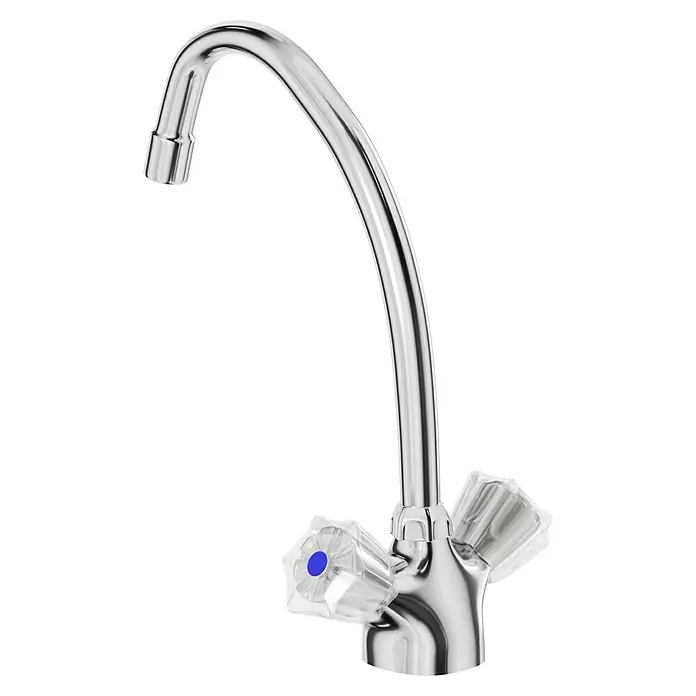 Mixomat Brillant Waschtischarmatur - Chrom, Auslauf schwenkbar - Nahaufnahme einer glänzenden Chrom-Küchenarmatur mit zwei transparenten Griffen und blauem Punkt vor schwarzem Hintergrund.