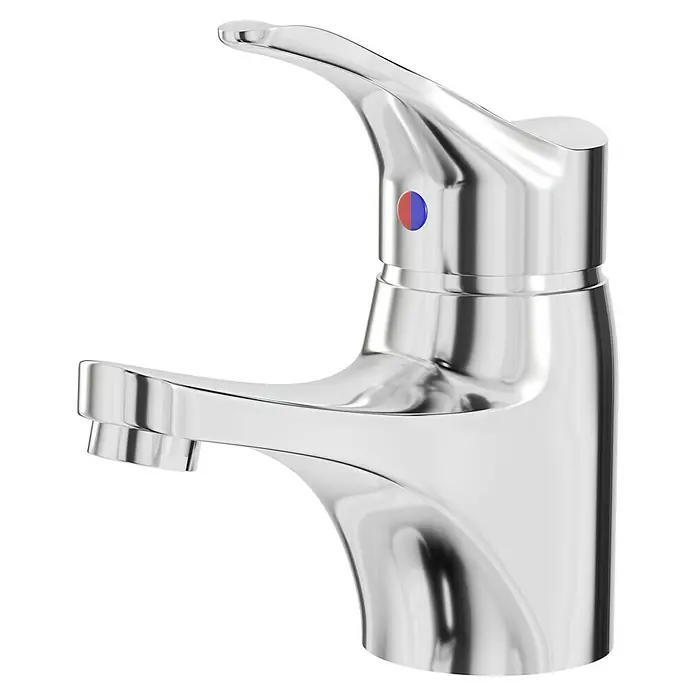 Camargue Egeo II Waschtischarmatur - Chrom, Glänzend - Glänzender Wasserhahn aus Chrom mit Hebel und blau-roter Temperaturanzeige vor schwarzem Hintergrund.