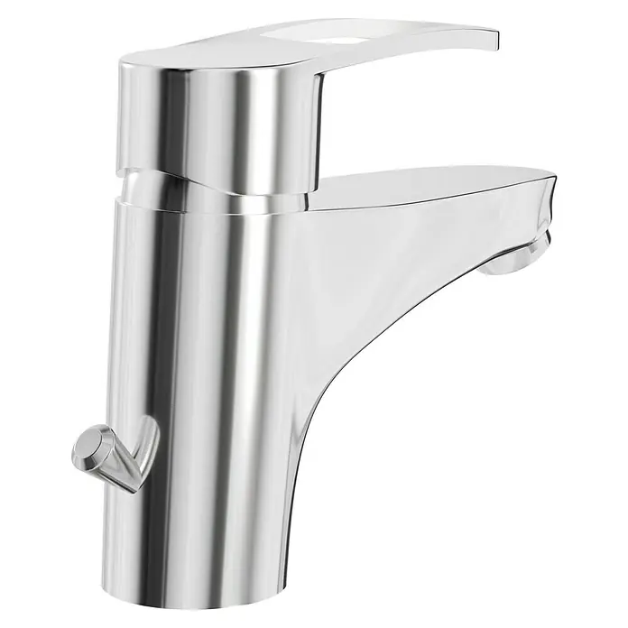 Camargue Lugo Waschtischarmatur - Chrom, Glänzend - Nahaufnahme eines modernen, verchromten Waschtischhahns mit schlankem Design und seitlichem Hebel.