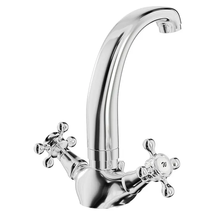 Camargue Nostalgie Waschtischarmatur - Chrom, Glänzend, Auslauf schwenkbar - Verchromter Wasserhahn mit Kreuzgriffen und hohem Auslauf für Bad oder Küche. Elegantes Design für stilvolle Waschbecken.
