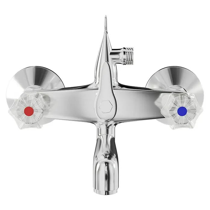 Mixomat Brillant Badewannenarmatur - Chrom, Glänzend - Glänzender Chrom-Wasserhahn mit roten und blauen Markierungen für heißes und kaltes Wasser. Präzises Design für moderne Badezimmer.
