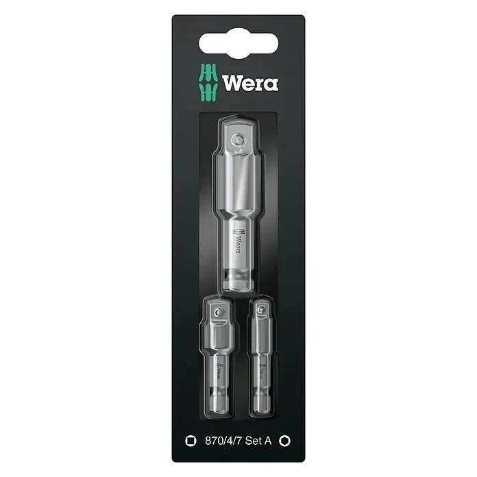 Wera Verbindungs-Set - 1/4", 3/8", 1/2", 6-Kant - Das Wera 870/4/7 Set A, ein Satz von Steckschlüsseladaptern in verschiedenen Größen für eine vielseitige Werkzeugausstattung.