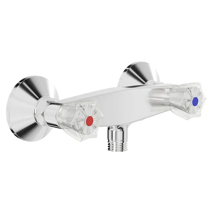 Mixomat Brillant Duscharmatur - Chrom, Glänzend - Nahaufnahme einer glänzenden Duscharmatur mit transparenten Griffen und Farbmarkierungen, die ein modernes und sauberes Design hervorhebt.
