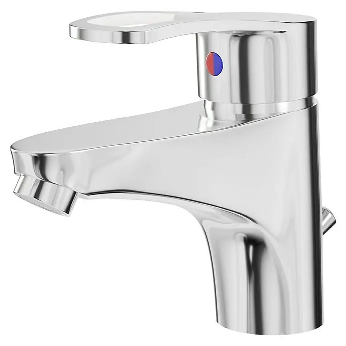 Camargue Lugo Waschtischarmatur - Chrom, Glänzend - Nahaufnahme eines modernen, glänzenden Waschtischhahns mit Hebel und Temperaturanzeige. Elegantes Design für jedes Badezimmer.