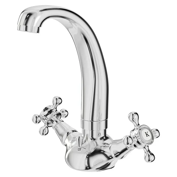 Camargue Nostalgie Waschtischarmatur - Chrom, Glänzend, Auslauf schwenkbar - Glänzender Wasserhahn mit Kreuzgriffen und hohem Auslauf, ideal für Küche oder Bad. Elegantes Design in Chromoptik.