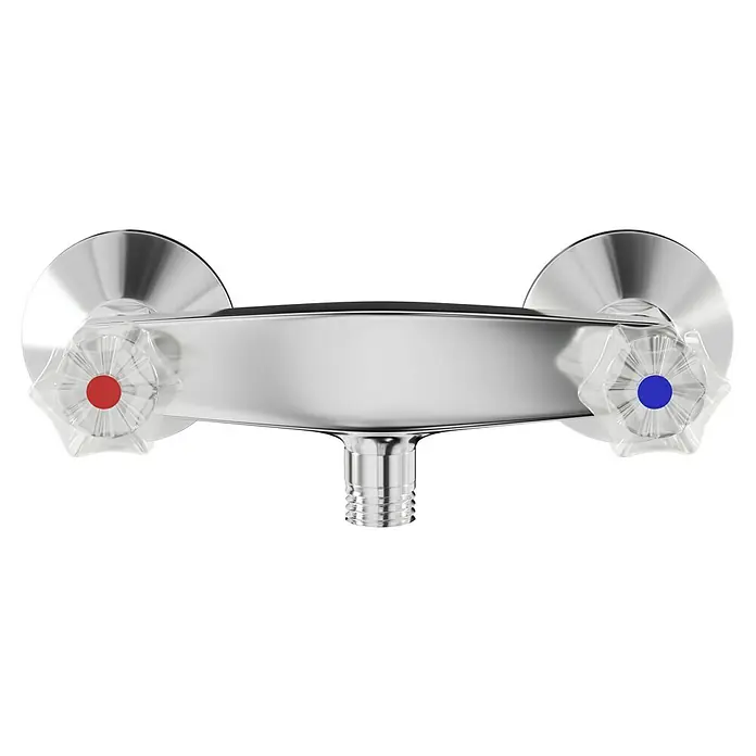 Mixomat Brillant Duscharmatur - Chrom, Glänzend - Bild einer Zweigriffarmatur aus Chrom mit transparenten Griffen und rot-blauen Markierungen für Wasserhahn.