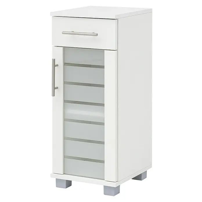 Schildmeyer Niko Unterschrank - 30 x 32,5 x 75 cm, Perlweiß - Weißer Badezimmerschrank mit Schublade und Tür mit Milchglaseinsatz, ideal zur stilvollen Aufbewahrung von Badutensilien.