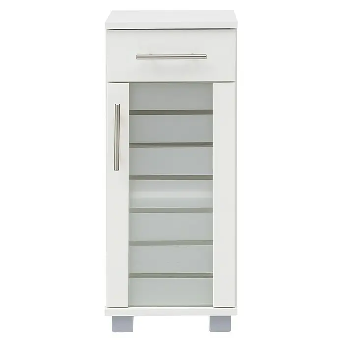 Schildmeyer Niko Unterschrank - 30 x 32,5 x 75 cm, Perlweiß - Bild eines weißen Badezimmerschranks mit einer Schublade oben und einer Tür mit Regalböden darunter.