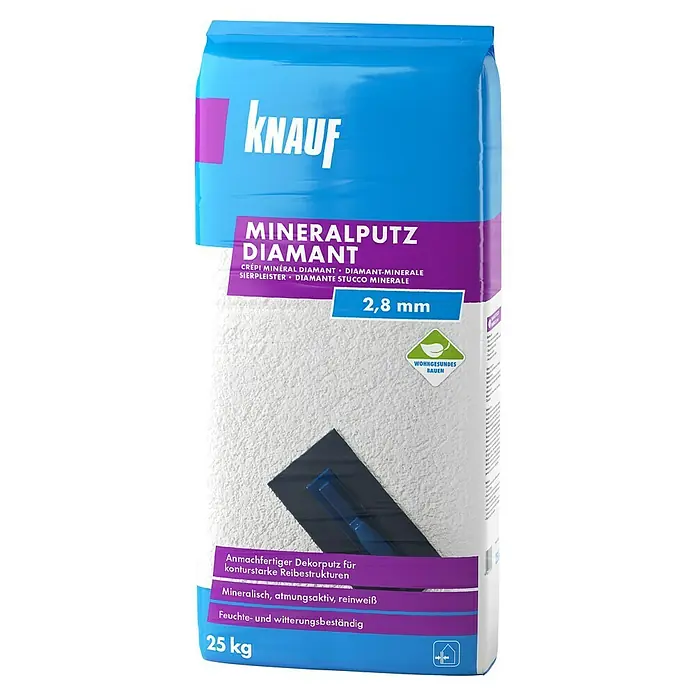 Knauf Dekoputz Mineralputz Diamant - Reinweiß, Körnung: 2,8 mm, 25 kg - Aufnahme eines Sacks Knauf Mineralputz Diamant, ein mineralischer Edelputz für kreative und widerstandsfähige Fassaden- und Wandgestaltungen.