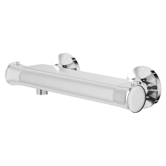 Camargue Brausethermostat Oviedo - Chrom, Glänzend - Nahaufnahme einer Thermostat-Duscharmatur aus Chrom. Das moderne Design zeichnet sich durch klare Linien und eine glänzende Oberfläche aus.