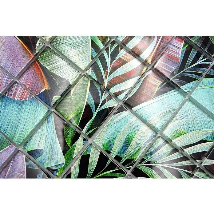 Mosaikfliese Quadrat Crystal Rain Forest XCM RF09 - 29,8 x 29,8 cm, Mehrfarbig, Glänzend - Dekoratives Mosaik mit tropischen Blättern. Das Mosaik besteht aus einzelnen quadratischen Fliesen mit einem schimmernden Effekt. Ideal für stilvolle Akzente.
