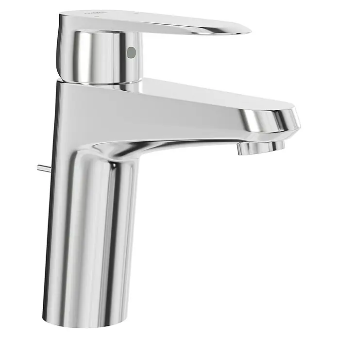 Grohe Eurodisc Cosmopolitan Waschtischarmatur S-Size - 12,5 l/min, Chrom, Glänzend - Nahaufnahme eines glänzenden, modernen Wasserhahns mit schlankem Design und einem minimalistischen Griff. Ideal für jedes Badezimmer.