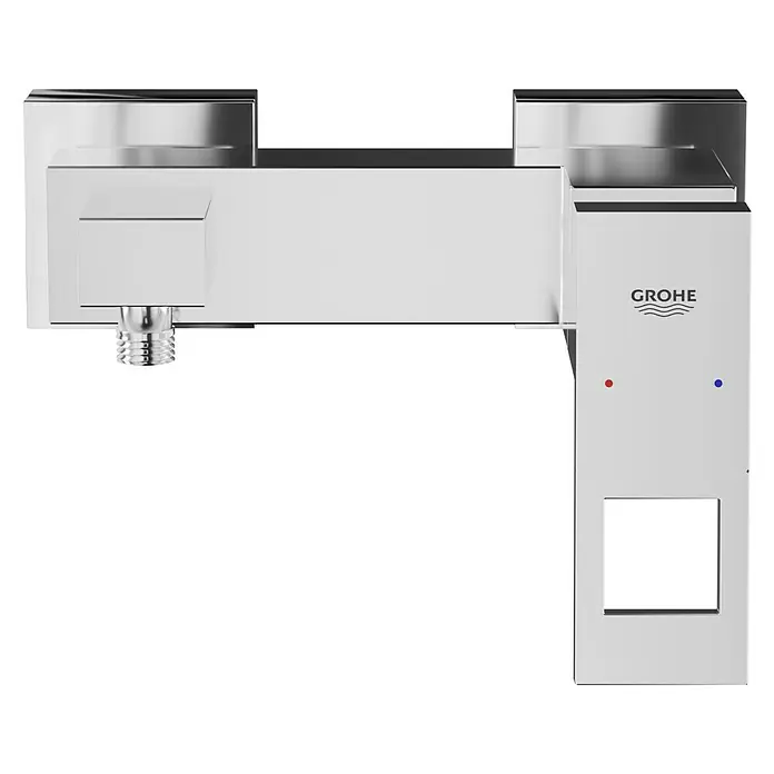 Grohe Eurocube Brausearmatur - Chrom, Glänzend - Nahaufnahme einer modernen, verchromten Grohe Armatur mit klaren Linien und minimalistischem Design, ideal für ein stilvolles Badezimmer.