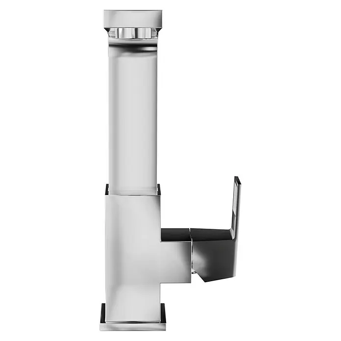 Grohe Eurocube Waschtischarmatur - Chrom, Glänzend, Schwenkbar - Nahaufnahme eines eleganten, rechteckigen Wasserhahns mit glatter Chromoberfläche und modernem Design vor schwarzem Hintergrund.