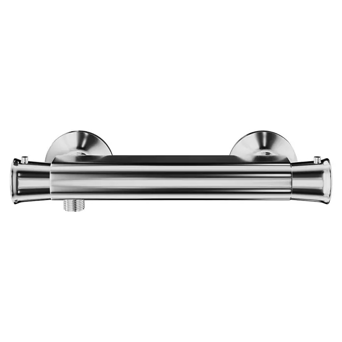 Camargue Brausethermostat Oviedo - Chrom, Glänzend - Nahaufnahme einer glänzenden, silbernen Duscharmatur mit runden Abdeckungen und einem Gewindeanschluss.