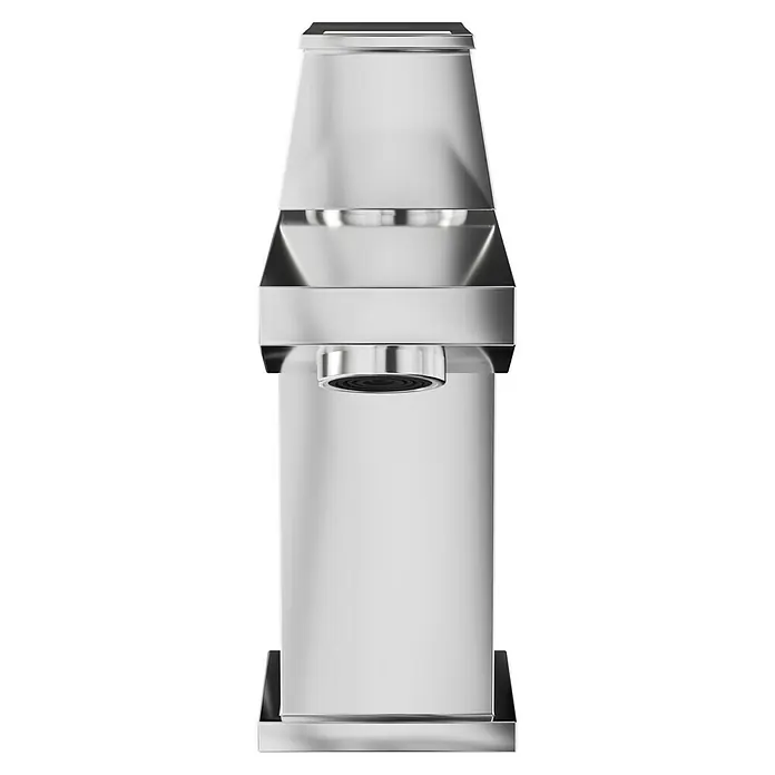 Grohe Eurocube Waschtischarmatur - Chrom, Glänzend - Frontale Nahaufnahme eines modernen, chromfarbenen Wasserhahns mit einem markanten und kantigen Design, ideal für stilvolle Badezimmer.