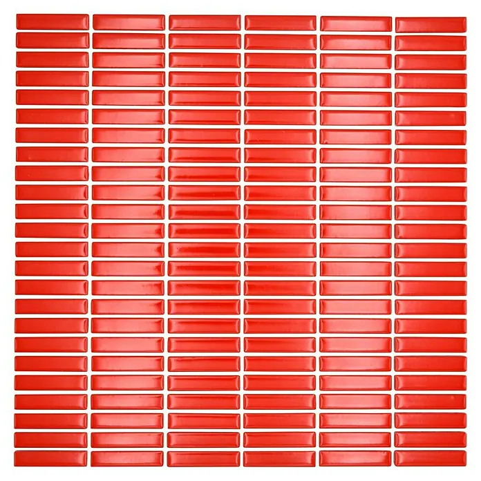 Mosaikfliese Kitkat Uni CG BBM S7 - 30 x 30 cm, Rot, Glänzend - Hochformatiges Bild von roten, länglichen Keramikfliesen, die ein gleichmäßiges Muster bilden, ideal für moderne Wandgestaltungen.
