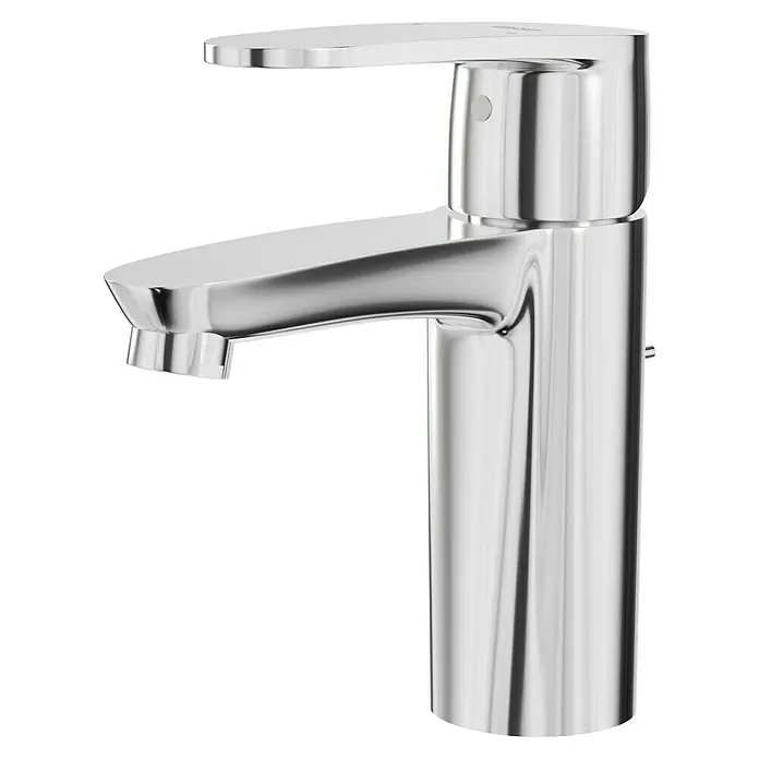 Grohe Eurostyle Cosmopolitan Waschtischarmatur - Chrom, Glänzend - Nahaufnahme eines glänzenden, modernen Wasserhahns mit flachem Auslauf und Hebel auf schwarzem Hintergrund.
