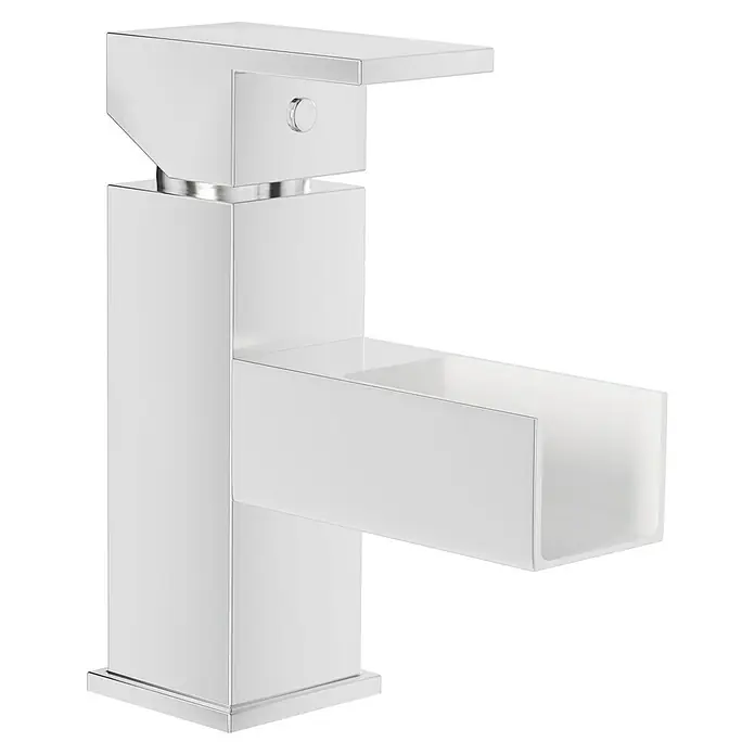 Camargue Viktoria Waschtischarmatur - Chrom, Glänzend - Bild einer modernen, weißen Armatur mit kantigem Design, ideal für ein stilvolles Badezimmer.