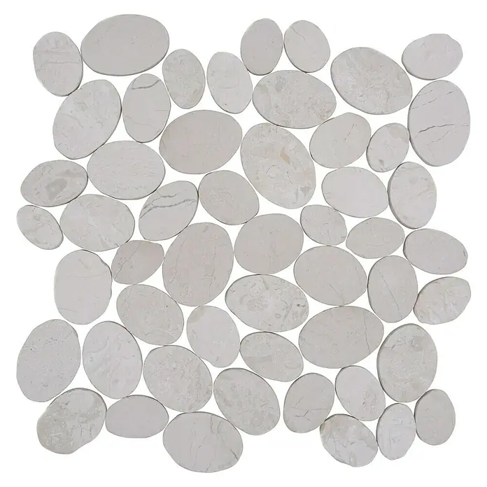 Mosaikfliese Kiesel XKS INWS - 30,5 x 30,5 cm, Moon Stone, Matt - Bild eines Mosaiks aus weißen, ovalen Steinen, die ein organisches Muster bilden und sich ideal für Badezimmer oder Küchen eignen.