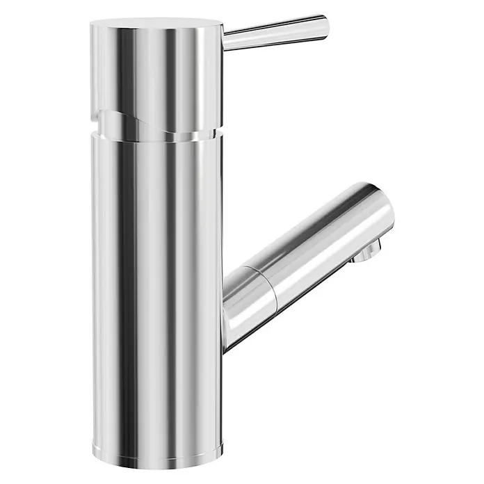 Camargue Merida Waschtischarmatur - Höhe: 16 cm, Chrom, Glänzend - Nahaufnahme eines modernen Chrom-Wasserhahns mit einem eleganten Design und klaren Linien. Der Wasserhahn ist poliert und glänzend.