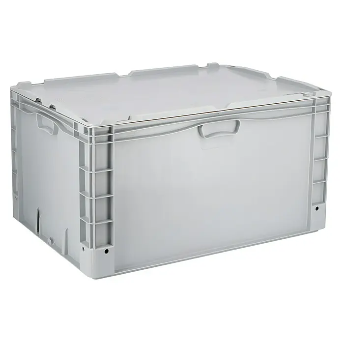 Surplus Systems Eurobox - L x B x H: 80 x 60 x 42 cm, Kunststoff, Grau - Ein grauer, rechteckiger Lagerbehälter mit Deckel, ideal für die Aufbewahrung und den Transport verschiedener Gegenstände. Robustes Design.